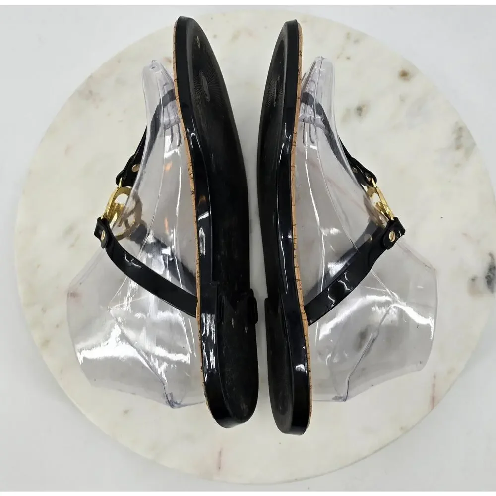 Michael Kors‎ Black Patent Jelly Thong Sandals with Gold Logo